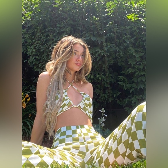 Princess Polly checkered stretch crop top halter bra pants set outfit NWOT - Picture 4 of 8